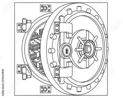 Bank vault open with stacks of money inside, safe door revealing piles of cash, financial security concept, investment savings illustration, wealth protection icon