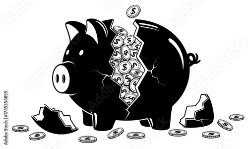 A detailed monochromatic illustration of a broken piggy bank filled with coins, symbolizing financial troubles, debt, or depletion of savings. This conceptual artwork captures economic vulnerability