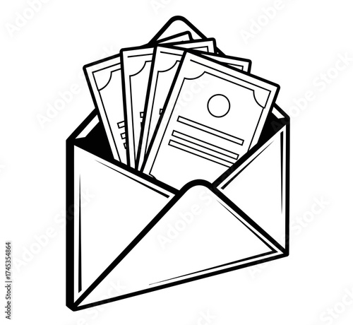 Illustration of an open envelope with several documents inside, representing correspondence, official letters, or important messages. The graphic shows the concept of mail or delivery