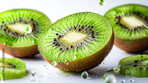 Fresh green kiwi slice with water drops, close-up macro shot showing juicy texture and freshness – 4K image