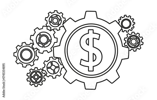 Gear Mechanism with Dollar Sign Illustrative Representation of Financial Processes and Economic Concepts in a Dynamic System with Various Gears