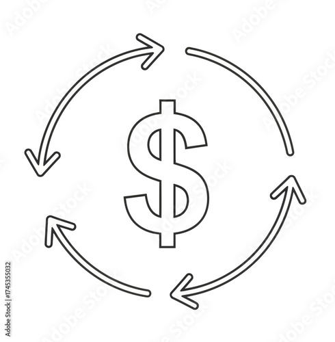 Dollar Symbol Surrounded by Circular Arrows Illustrating Money Flow, Turnover, or Exchange in a Continuous Cycle