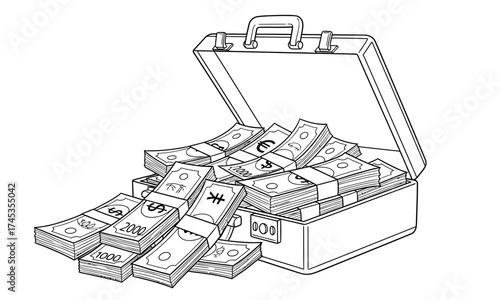 Open briefcase overflowing with stacks of various international currency banknotes, illustrating financial success and wealth management