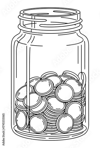 Detailed line art of a clear glass jar filled with stacks of coins, representing diligent financial savings, future investments, wealth building, and economic security goals