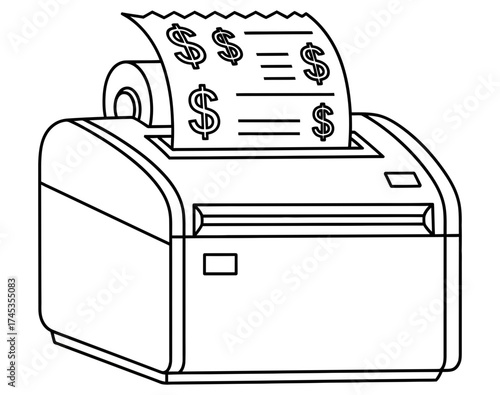 Detailed Black and White Line Art Illustration of a Receipt Printer with a Roll of Paper and Dollar Signs, Ideal for Finance, Business, and Accounting Concepts