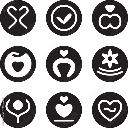 Nine black circle icons with white symbols representing love wellness and positive affirmations and concepts