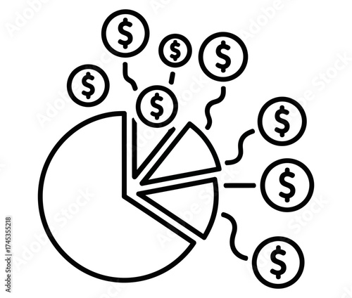 A minimalist line art icon of a pie chart showing financial distribution, a vector graphic for visualizing budget allocation or profit sharing data