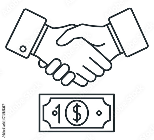 Outline icon of a business handshake over a dollar bill, symbolizing a successful financial transaction, partnership agreement, and commercial deal