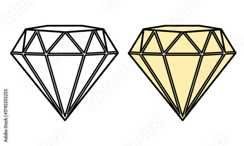Elegant vector graphic set featuring a classic faceted diamond in both a simple line art style and a rich golden yellow hue for luxury branding
