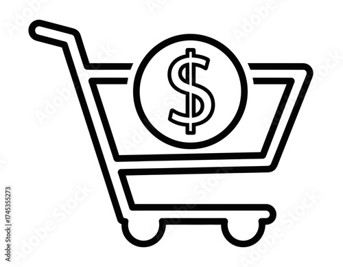 Shopping cart dollar sign vector icon. Represents online purchasing, e-commerce, digital retail, financial transactions. For web design, business apps