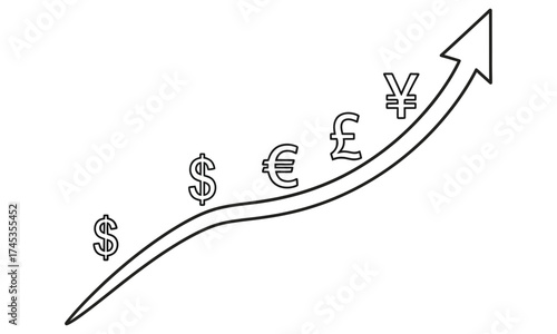 Currency growth and appreciation shown by an upward trend with international symbols, representing global financial prosperity and market strength