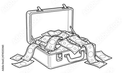 Open briefcase overflowing with cash, symbolizing wealth, financial success, and abundant opportunity, a visual representation of financial prosperity and economic growth