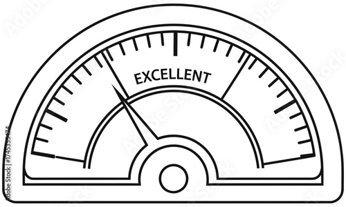 A simple line art vector icon of a performance gauge pointing to excellent, symbolizing top quality, high score, and customer satisfaction measurement
