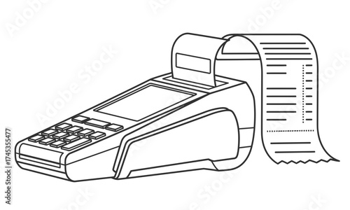 Vector outline icon of a point of sale device with a keypad and screen, issuing a detailed sales receipt. A symbol of modern commerce and electronic payments