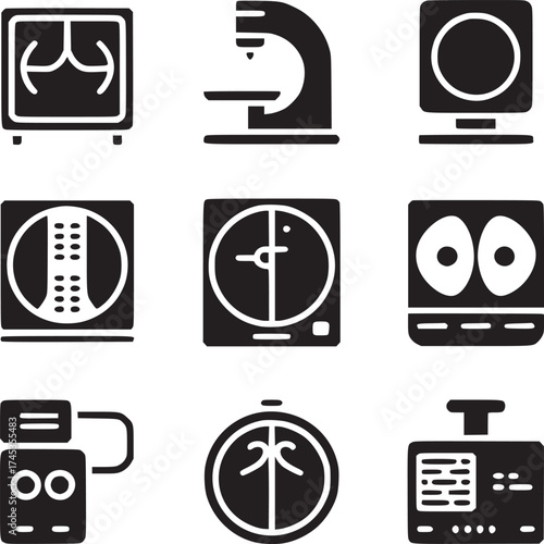 Collection of nine black and white medical and scientific equipment icons in a square format layout