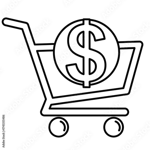 Black and white outline icon of a shopping cart holding a dollar coin, a minimalist symbol for commerce, finance, online sales, and retail economy