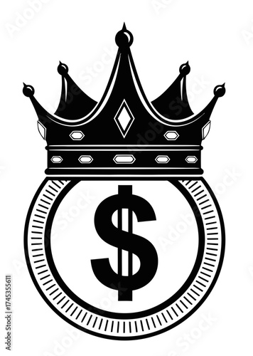 A powerful illustration depicting a dollar coin with a majestic crown, symbolizing supreme financial authority, ultimate wealth, and economic success