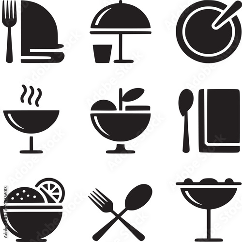 A set of nine black and white icons depicting dining and food related items in a grid pattern