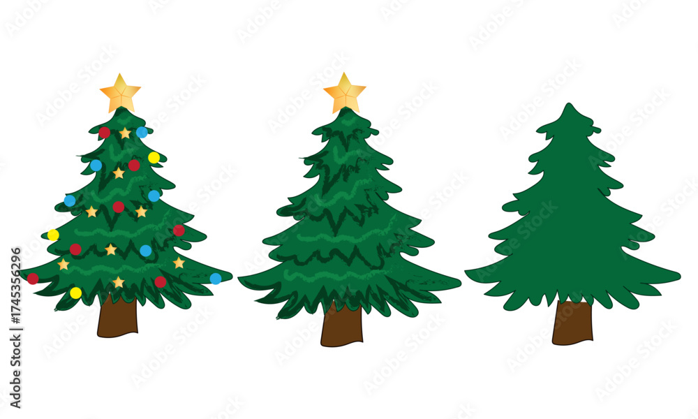 Fototapeta premium Christmas Tree Collection Decorated, Simple, and Blank Pine Trees Vector Illustration.