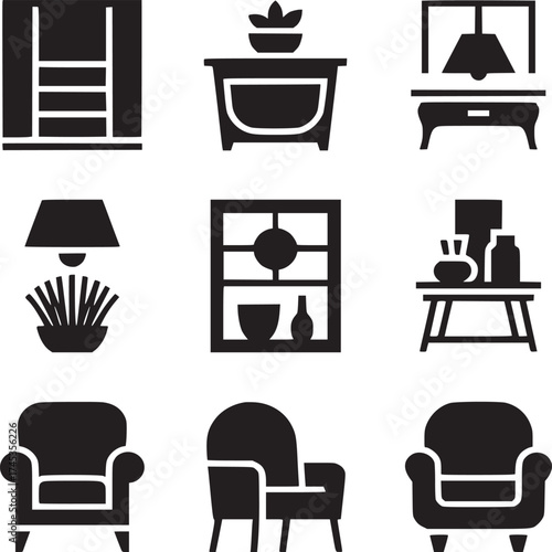 A collection of furniture icons including chairs tables and shelves in a grid arrangement on white