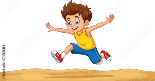 Cartoon boy jumping over sandy surface, joyful pose, vector illustration for kids, outdoor play, energy, motion, fun, activity design