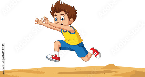 Cartoon boy performing long jump, athletic motion pose, yellow shirt and sneakers, sports action character, track and field vector illustration