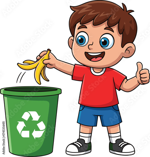 Cartoon boy throwing banana peel in recycling bin, red shirt and blue shorts, cheerful eco-friendly pose, waste management character, vector illustration art