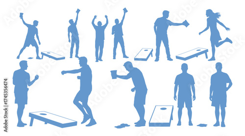 Cornhole game silhouettes, bean bag toss players, lawn sport illustration, outdoor activity concept, throwing stance, leisure competition, backyard fun, isolated vector graphic