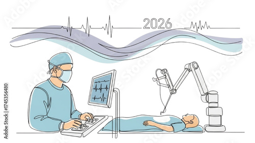 Continuous Line Drawing of Surgeon Controlling Robotic Arm with 2026 Vital Signs – Futuristic Medical Technology Illustration