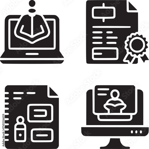 Four icons depicting online education, certificate, document and video conference in black and white