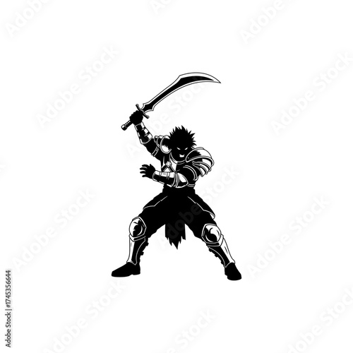 Silhouette of armored warrior wielding a curved sword in attack position