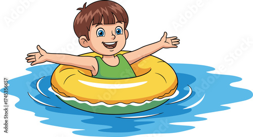 Cartoon child floating in swim ring, joyful water activity, summer fun expression, safe aquatic playtime, cheerful pool moment vector illustration
