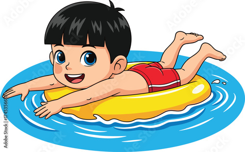Cartoon child floating on yellow pool float, summer water fun, cheerful swim activity, playful boy illustration, safe aquatic leisure vector
