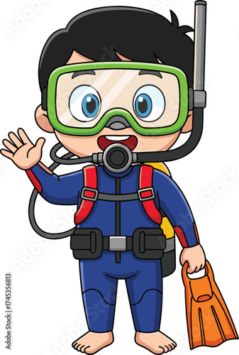 Cartoon child in scuba diving gear, smiling underwater explorer, snorkel mask and fins, marine safety outfit, aquatic adventure vector illustration