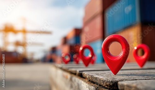 Close-up of red location markers on a wooden with a shipping container yard in