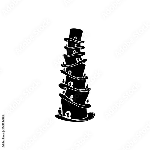 A black and white illustration of a stack of top hats with tiny people on them silhouette