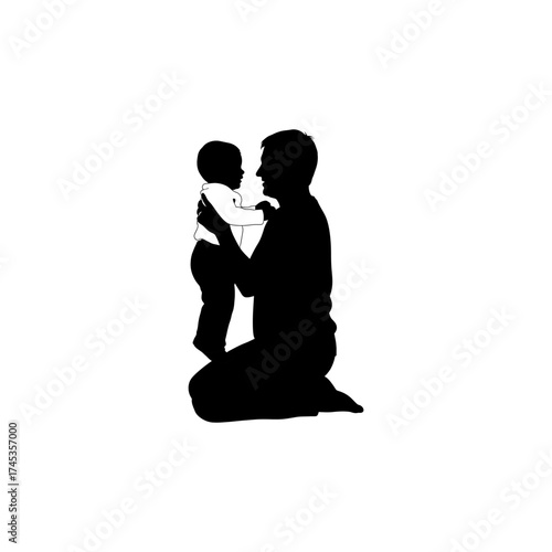 Silhouette of parent kneeling and holding baby in white background illustration