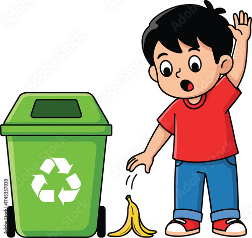Cartoon child near recycling bin, banana peel warning, environmental awareness, waste disposal education, eco-friendly habits, green bin illustration vector