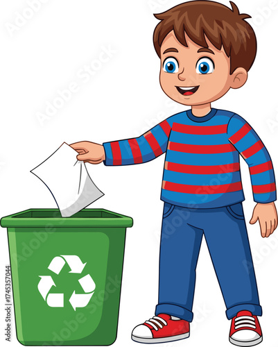 Cartoon child placing paper in recycling bin, cheerful pose, vector illustration for kids, environment, eco-friendly activity, waste management, design