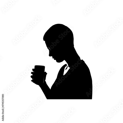 Silhouette of a person holding a cup with their hand near their chin on white