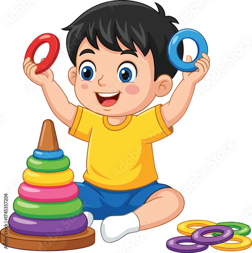 Cartoon child playing with colorful stacking toy, yellow shirt and blue shorts, cheerful learning pose, early development activity, vector illustration art