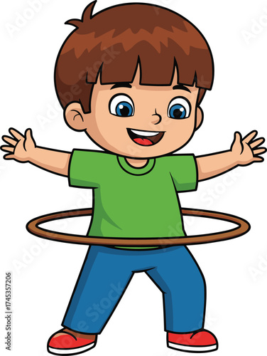 Cartoon child playing with hula hoop, green shirt and red shoes, cheerful movement pose, active kids activity character, vector illustration art