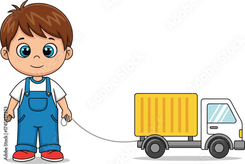 Cartoon child pulling toy truck, blue overalls and red shoes, cheerful playtime pose, early childhood activity character, vector illustration art