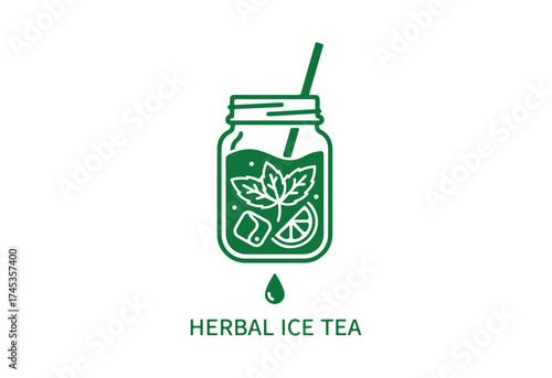 Herbal iced tea jar icon. A refreshing natural drink for summer. Silhouette symbol of an organic and eco-friendly beverage. Water infused with mint. Negative space design. Vector illustration .