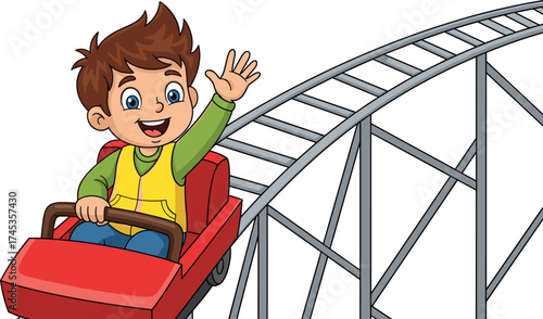Cartoon child riding roller coaster, red car and green shirt, cheerful amusement park pose, fun ride character, excitement vector illustration art