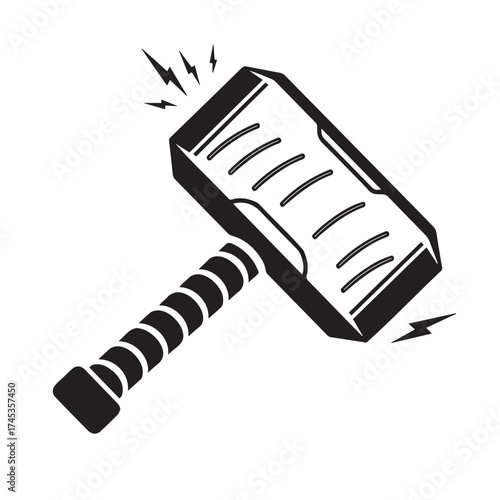 Hammer of God with lightning bolts, black silhouette outline, minimalist stencil design, vector outline on a transparent background.