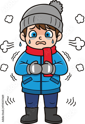 Cartoon child shivering in winter clothes, cold weather expression, vector illustration for kids, seasonal discomfort, outdoor chill, character design