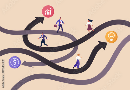 Career Path Concept. Vector illustration of business people walking on different winding roads with arrows leading to icons of growth, money, and ideas, symbolizing career choices and opportunities.