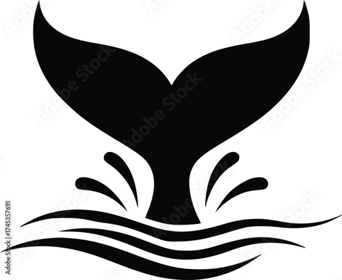 Whale Tail Silhouette Splashing in Ocean with Wave and Water Elements
