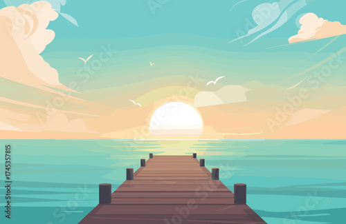 Wooden Pier Leading to Peaceful Ocean Sunset Vector. Serene Seaside Dock Illustration with Sunrise and Calm Sea.